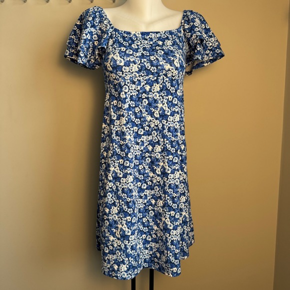 mySTYLE Dresses & Skirts - mySTYLE Blue Floral Square Neck Layered Flutter Sleeve Midi Dress Babydoll Small